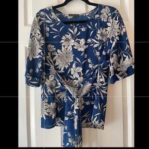 Blue floral print blouse with tie